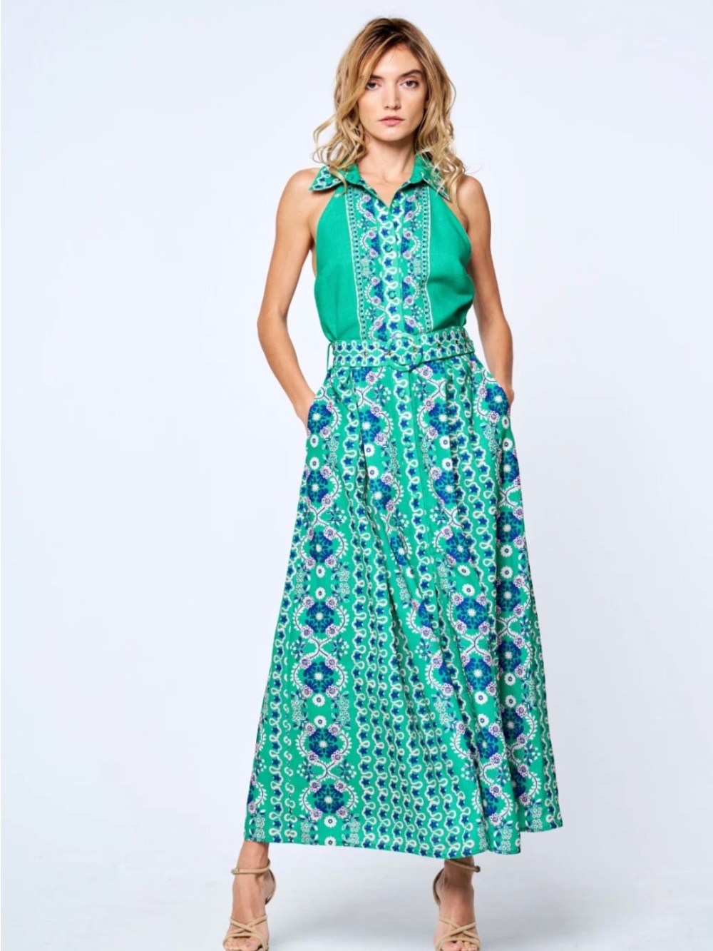 Ciebon Green Printed Maxi Dress with Collared Top *size unknown*